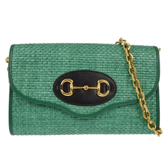 Gucci Green Straw Horsebit Chain Shoulder Bag - Picture 1 of 7
